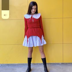 Red Long Sleeve Midi knitted dress with detachable collar