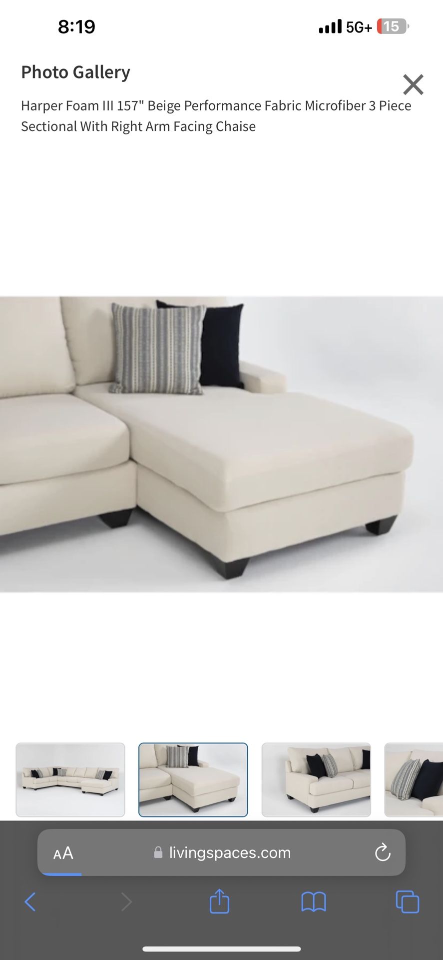 LIVING SPACES Harper Foam III 157 Beige Performance Fabric Microfiber 3 Piece Sectional With Right Arm Facing Chaise