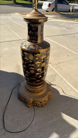 Vintage 37" Chinese Black & Gold Porcelain Vase Table Lamp 150 obo