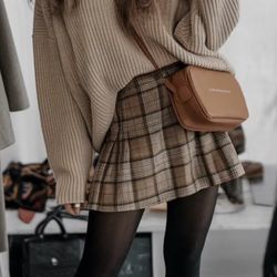 Maison D’amelie plaid brown /beige mini skirt size L New