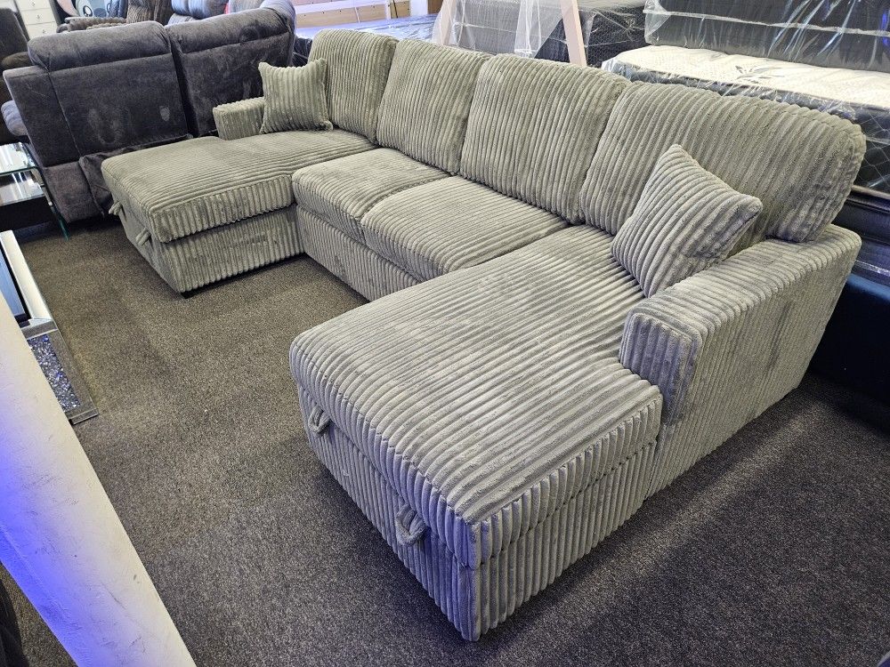 Brand New Sectional Corduroy Fabric Doble Chaise Storage Pull Out Bed W 2 Pillows $799