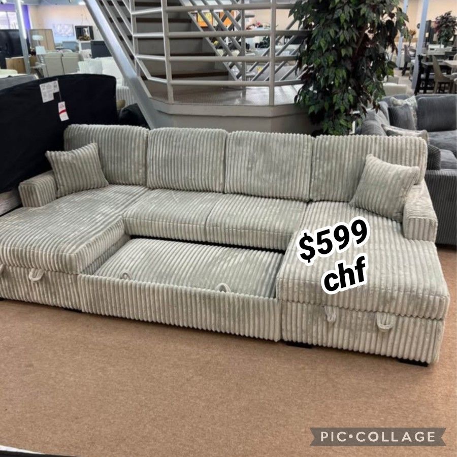 Corduroy Double Chaise Sectional Sleeper Sofa With Pull Out Bed 