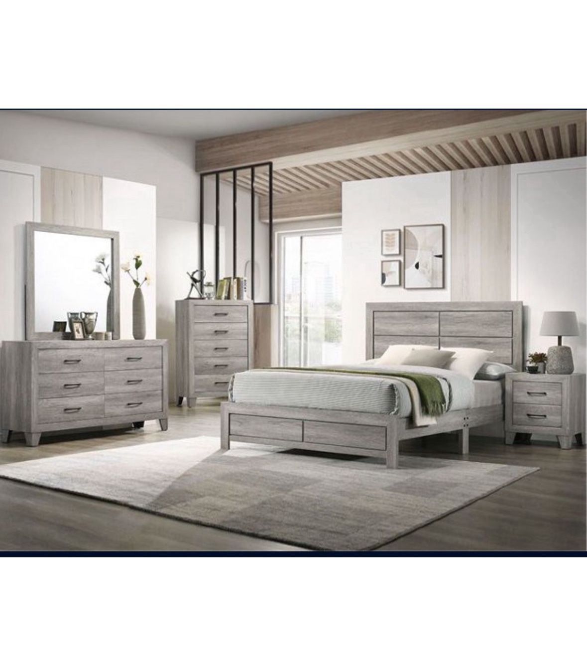 4- Pc Bedroom set Dresser,Mirror Nightstand (1) Queen size bed frame Not including Mattress and Box Sp