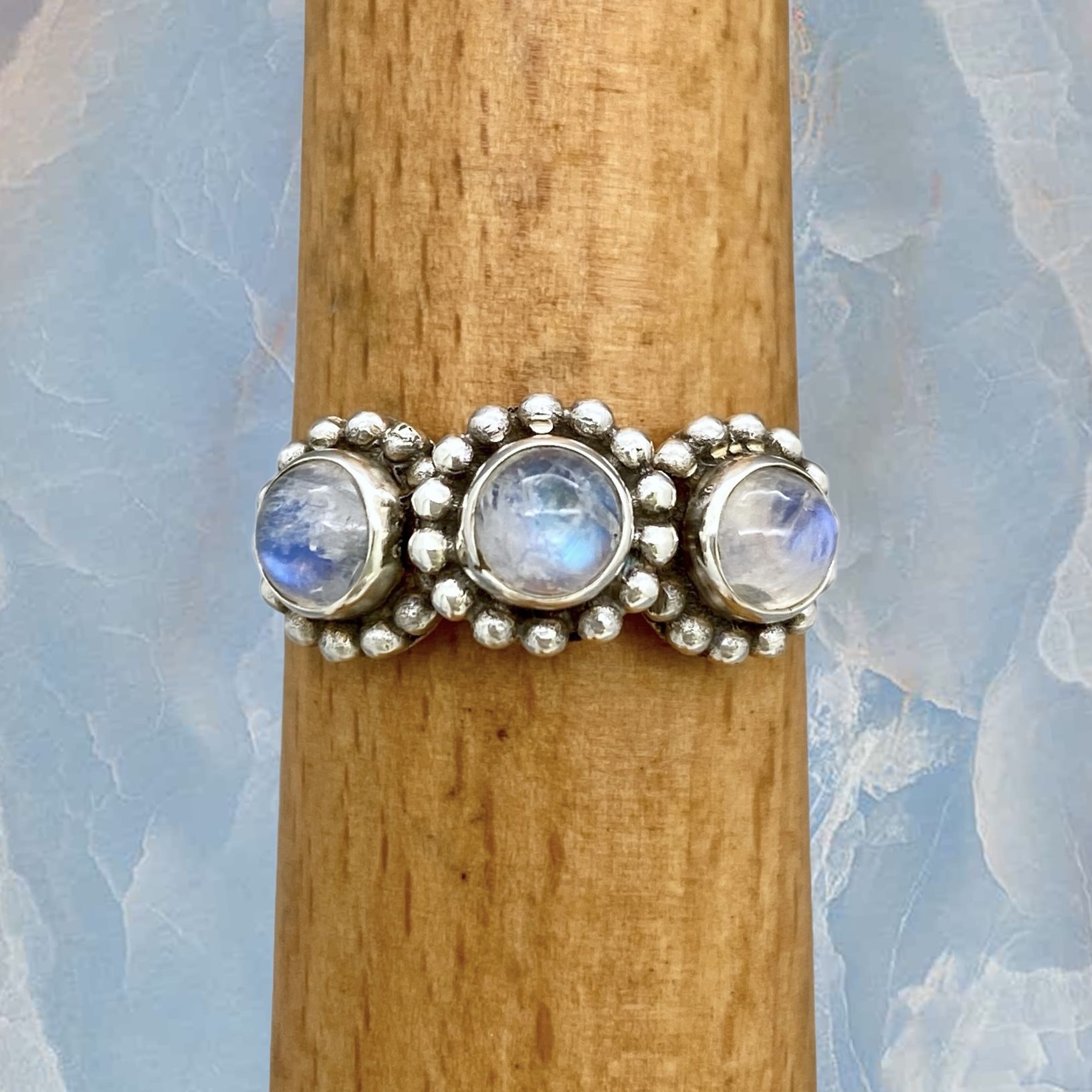 Handcrafted Genuine Rainbow Moonstone & Solid Sterling Silver Ring - Sz 10