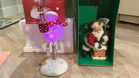 Santa And Snowman- Set Of 2 New In Original Box By Home Collection - Lighted Snowman On Unicycle And Santa Going Down Chimney With Presents 
