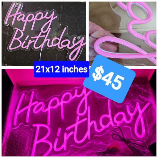 PINK Large Happy Birthday LED Neon Sign,21X12 Inch Reusable Light USB Powered with Dimmable Switch- Wall Decor, Bar, Birthday Party