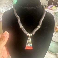 Vintage Native Am. Santo Domingo  Heishi beads necklace with sterling silver beads , hook closure , 16in . , natural inlay gemstones , u can add an ex
