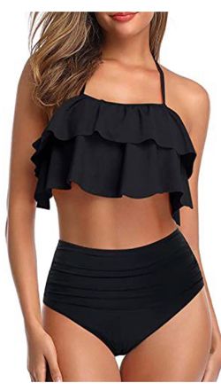 Women Solid Black Two Piece Swimsuits High Waisted Bikini