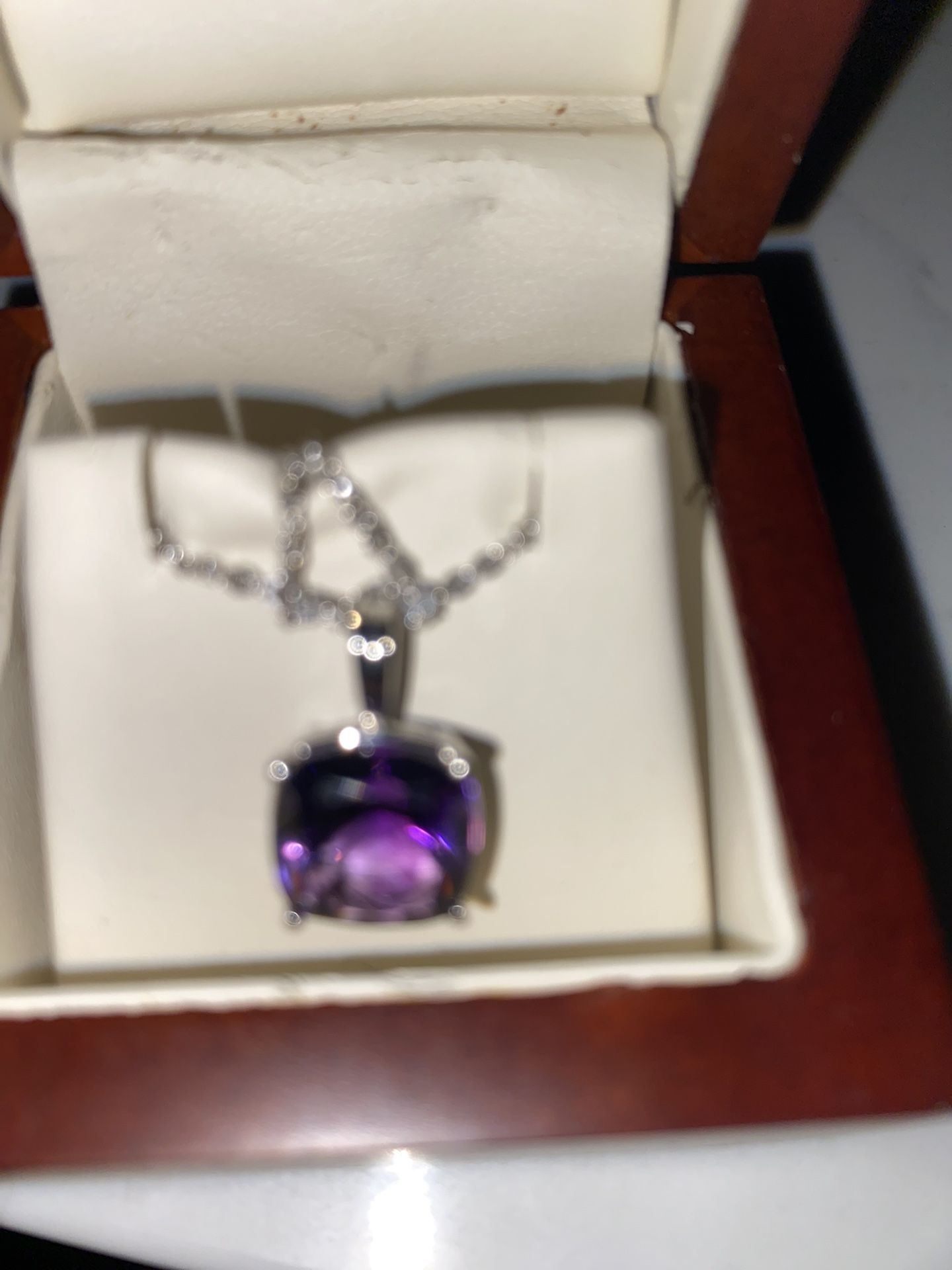 Purple Amethyst Necklace, 14kt White Gold Chain, 17 Inch. 10mm Square Cushion Cut Amethyst 