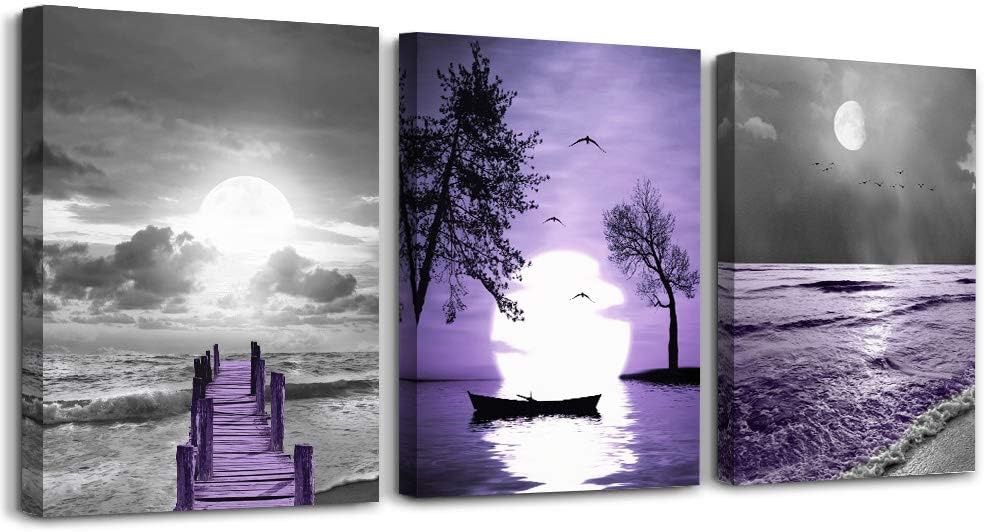 3-Piece Purple Moonlight Canvas Wall Art – Seascape Ocean Pier Boat Scene