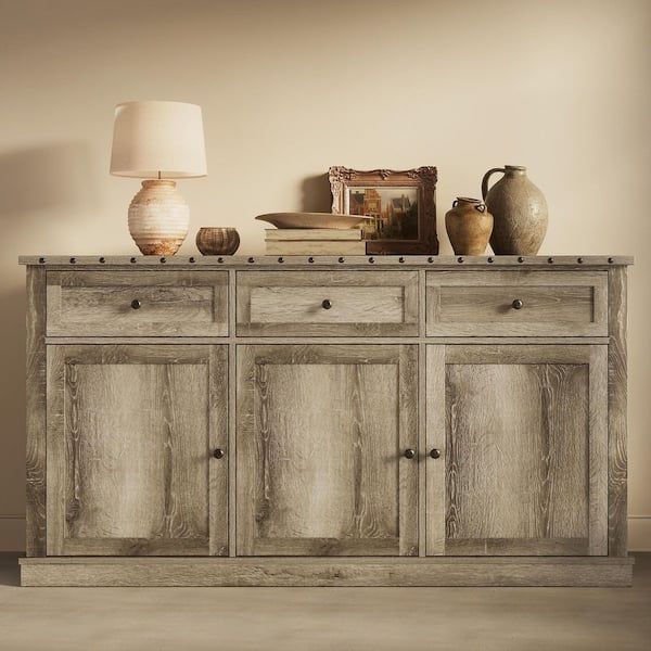 Rustic Farmhouse Beige Wood 65 in. Sideboard Buffet with 3 Doors Drawers, Rivet Storage Cabinet for Kitchen Dining Room