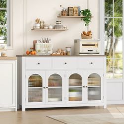 55'' Large Sideboard Buffet Cabinet, Kitchen Storage Cabinet with 3 Drawers and 4 Glass Doors, Wood Coffee Bar Cabinet for Living Room, White
