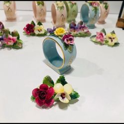 Vtg Royal Adderley Bone China 8 Napkin Rings & 7 Guests Card Holders, 2 Matches Boxes