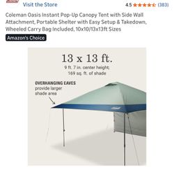 Coleman Oasis Instant Pop-Up Canopy Tent with Side Wall Attachment, Portable Shelter with Easy Setup & Takedown, Wheeled Carry Bag Included, 10x10/13x