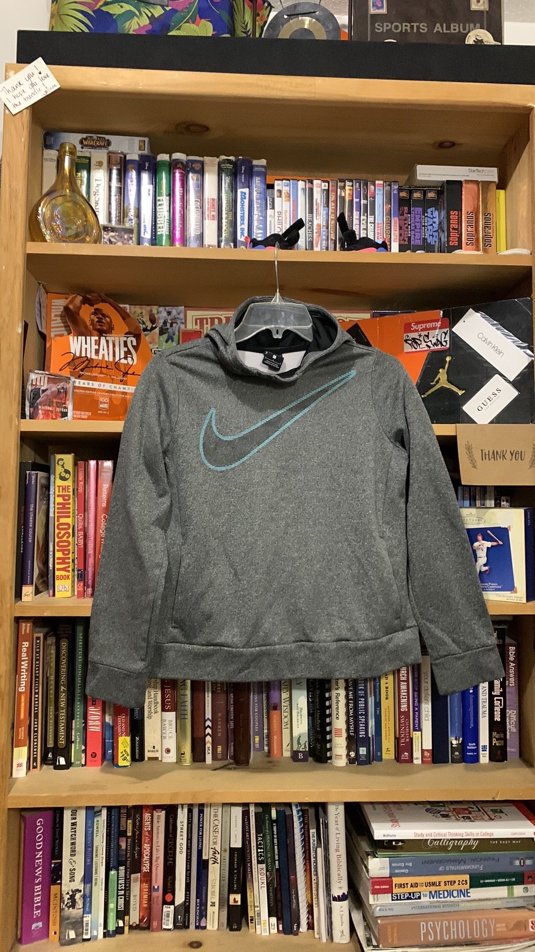 NIKE-youth gray DRI-FIT long sleeve athletic hooded pullover graphic sweatshirt