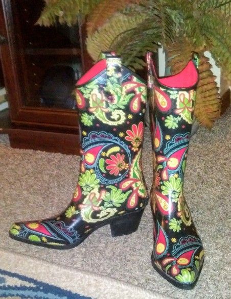 Corkys Rubber Paisley Floral Western Rain Boots Womens Size 6