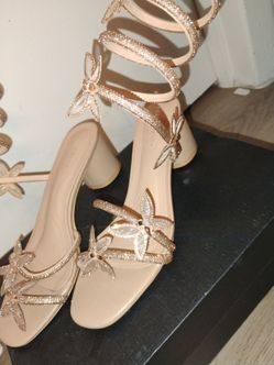 Nude Block Heel Sandals with Crystal Wrap Straps