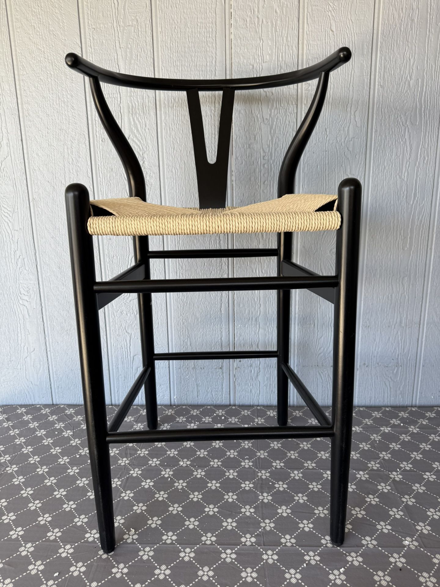 Wishbone Counter Height Barstool with Woven Paper Cord Seat| Fully Assembled | Wooden Y Back Farmhouse Kitchen Stool for Home, Dining, Bar, Black