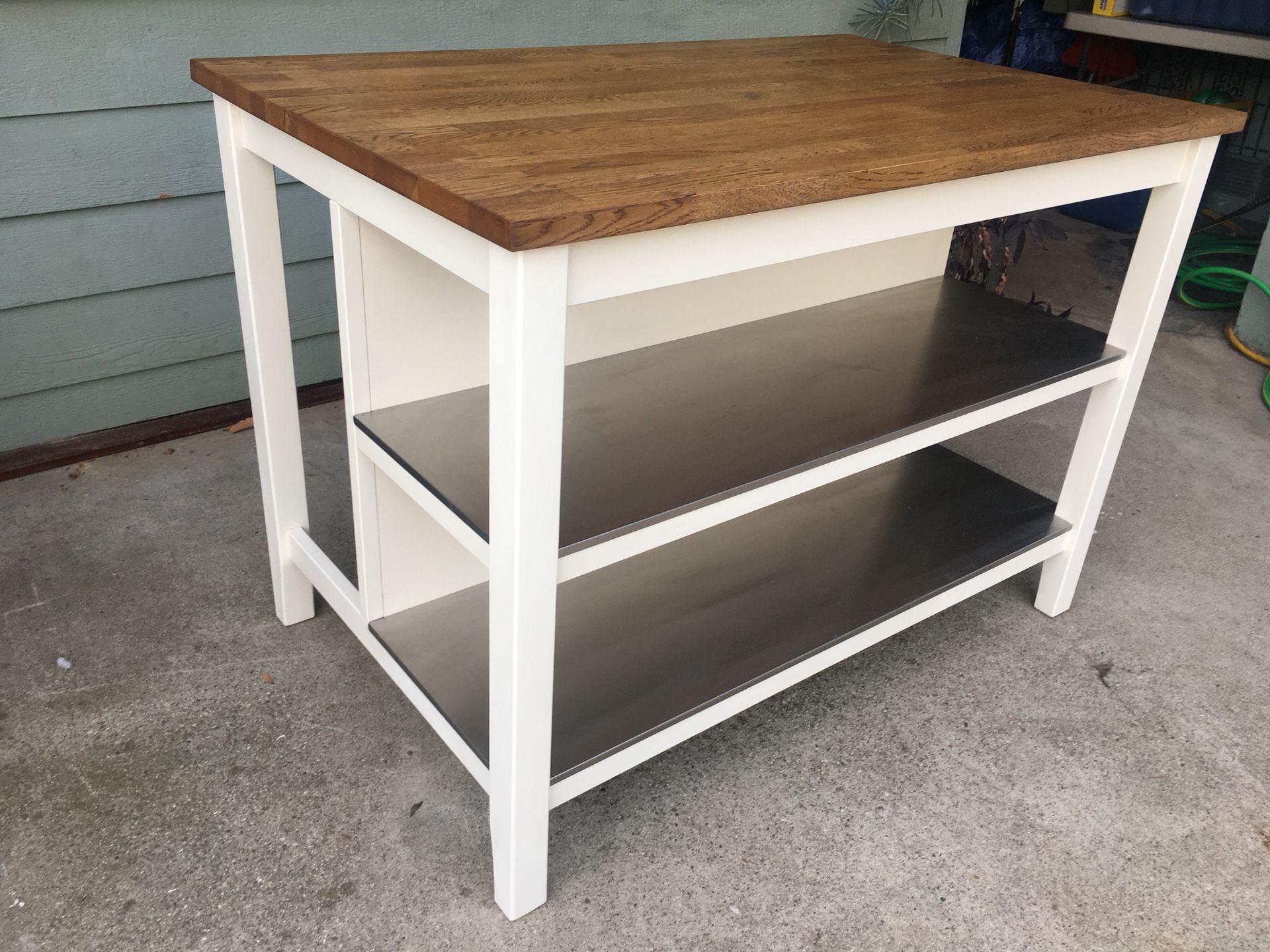 Large Kitchen island with stainless steel shelves