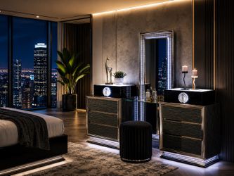 Charcoal Black Glam Vanity Set w Stool Tocador Comoda LED Mirror Bedroom Venta Furniture Sale Muebles