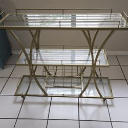 Gold and Glass Bar Cart with Wheels and Shelves