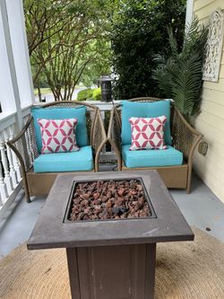 Oversized Faux Rattan Wicker Patio Chairs $225 for the pair  38 X 38 X 29   Lantern $15