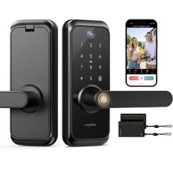 Cerradura inteligente de video WiFi con cámara y asa, entrada sin llave 6 en 1 (huella dactilar/aplicación/teclado/teclado/llave), perilla de puerta e