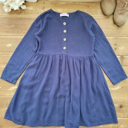 SIZE 7-8 GIRLS NAVY LONG-SLEEVE HALF BUTTON FRONT COTTON DRESS