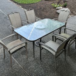 Glass Patio Table With 6 Chairs - Center Plate And Umbrella Stand 