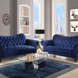 Brand New Navy Blue Velvet Sofa and Love Seat Set with Crystal Tufting