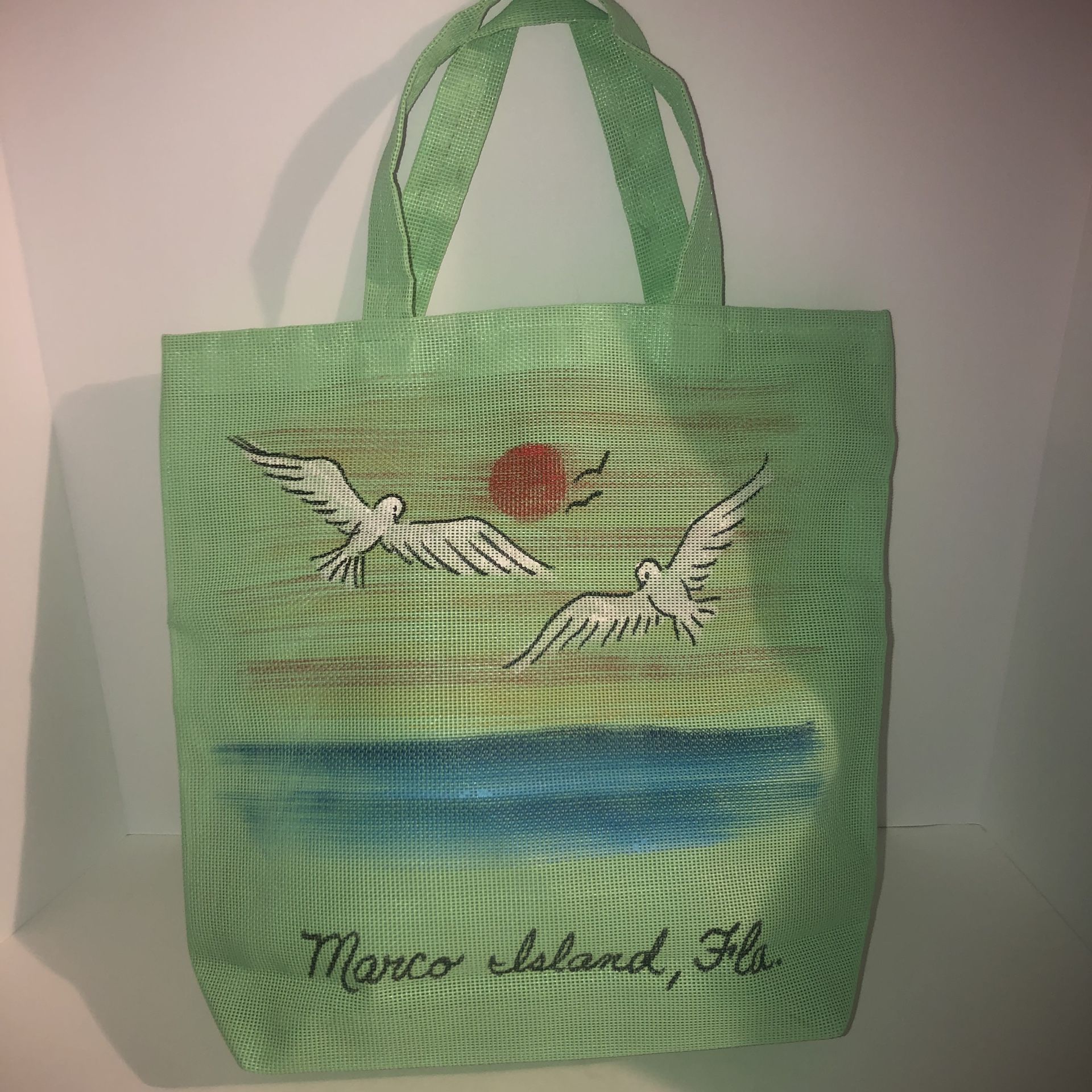 Mint green Marco Island, FL vintage beach pool tote bag 15”x17”