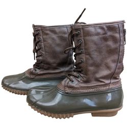 Madden Girl Duck Boot Flurry Woman's Size 8.5 Olive Green Rubber Brown Leather