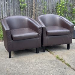 Pair of Brown Faux Leather Barrel Chairs