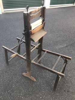 Antique wringer hand crank with double folding bench stand