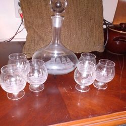 7 PC Vintage Etched Glass Decanter Set/B Beautiful Ship Etching