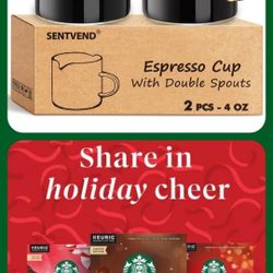Set of 2, 4 Oz *Sentvend* Double Spout Espresso Shot Glass with Handle With 
Starbucks Holiday Blend Medium Roast Keurig K-Cup Coffee Pods - 22ct