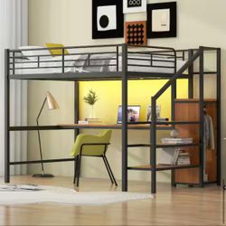 Black Full Size Metal Loft Bed with Desk