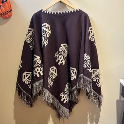 Vintage Southwest Poncho Reversible Knit Brown Tan