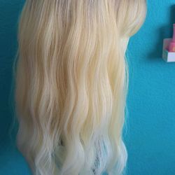 Platinum blonde wig heat resistant synthetic with bangs, hair