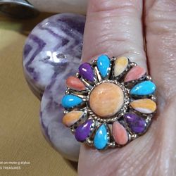 STERLING MULTI NEVADA TURQUOISE GEMSTONE RING. SIZE-6