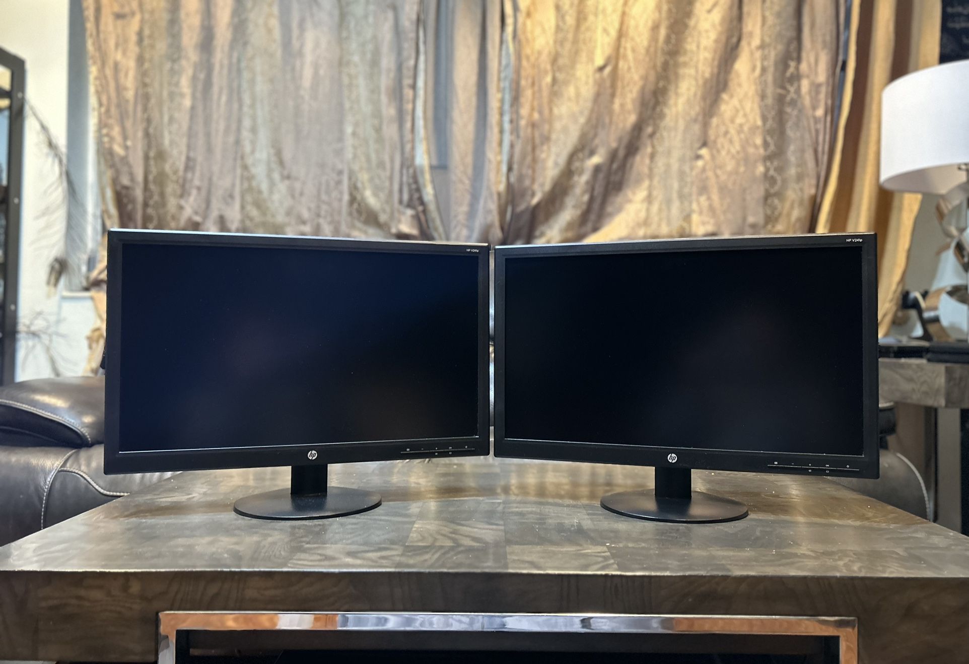 Two ( dual ) HP V241p 24” inches LED Full HD 1080p VGA DVI with HDMI connection VESA compliant computer monitors