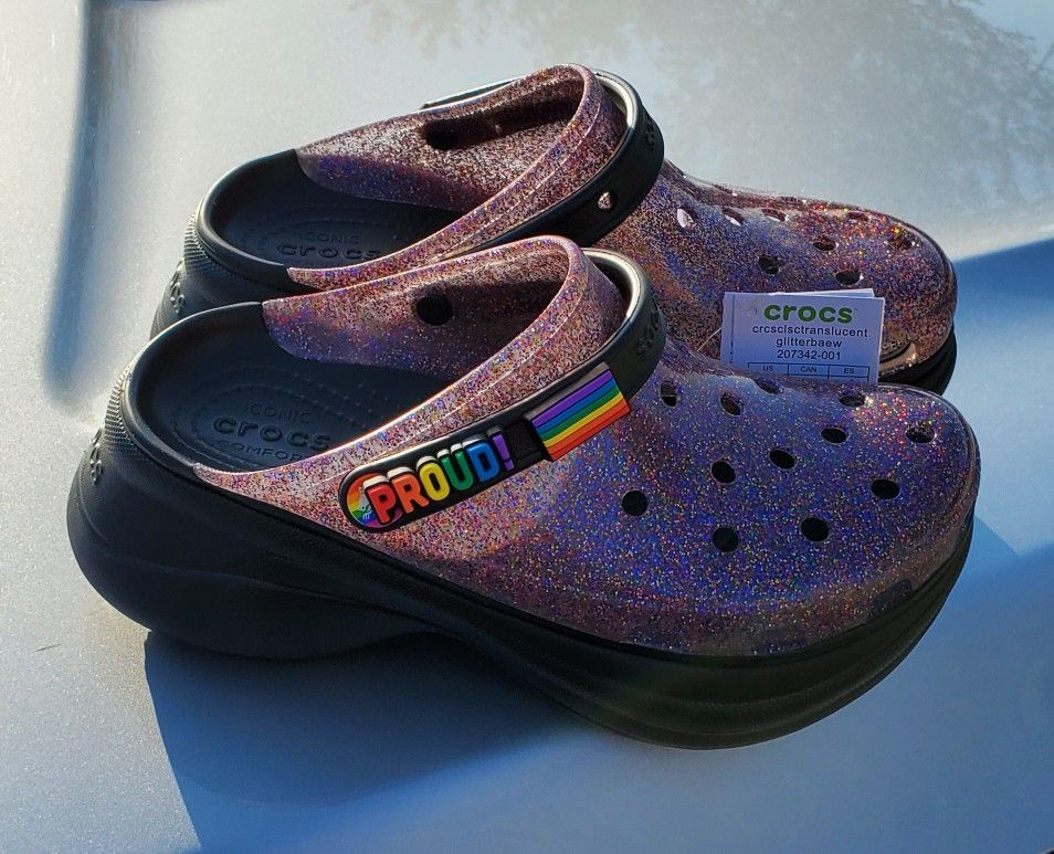 Crocs (Pride) Platform Glitter Translucent Clogs - Size 8