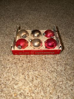 Vintage Christmas Coby Glass Ornaments. Some paint is wearing off. Some of the red has bled onto the gold. See pics. Metal has rust. Only 2 of them ha