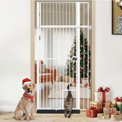 INRLKIT 71 Inch Extra Tall Pet Gate W/Cat Door, 27"~37.5" Extra Wide Pressure Mounted White NEW 