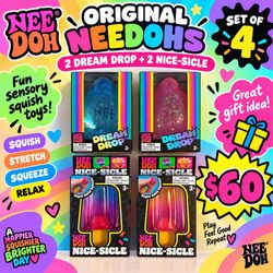 Original NeeDoh Set of 4 – 2 Dream Drop + 2 Nice-Sicle