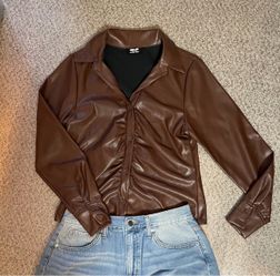 Brown Faux Leather Button-Up Shirt — size medium— like new!