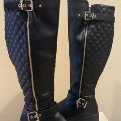 Women Knee High Boots Biker Motorcycle Buckle 