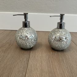 TWO Crushed Mirror Glass Mosaic Round Soap Dispenser Set- Silver Chrome