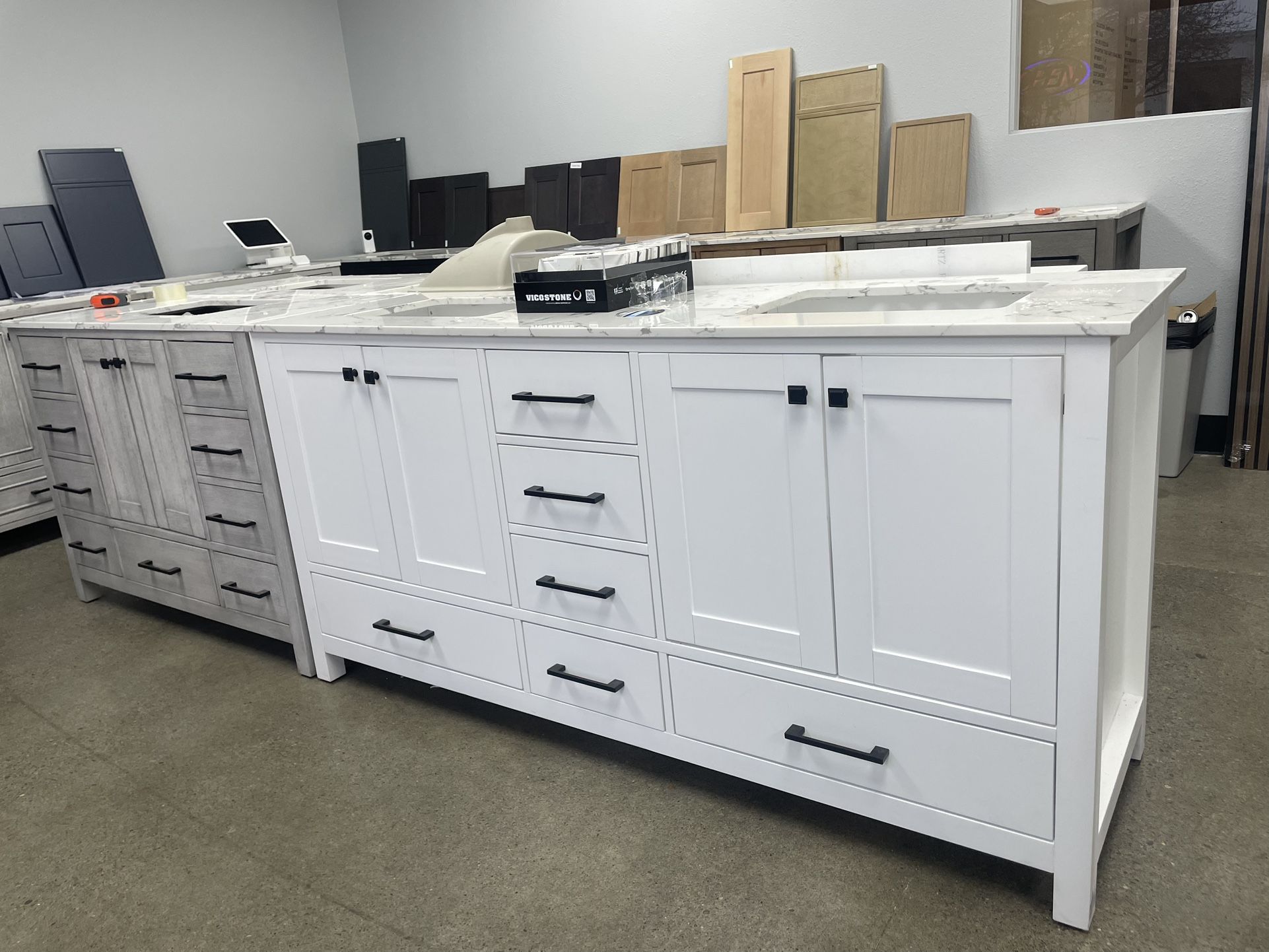 Bathroom vanity cabinet 72” solid mango Quartz top with sinks and backsplash 