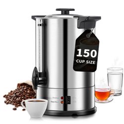 Coffee Maker 150 Cups Commercial, Coffee Urn 15 L/3.96 Gal Electric Hot Beverage Dispenser with Dripless Faucet, 1500W Power Quick Brew